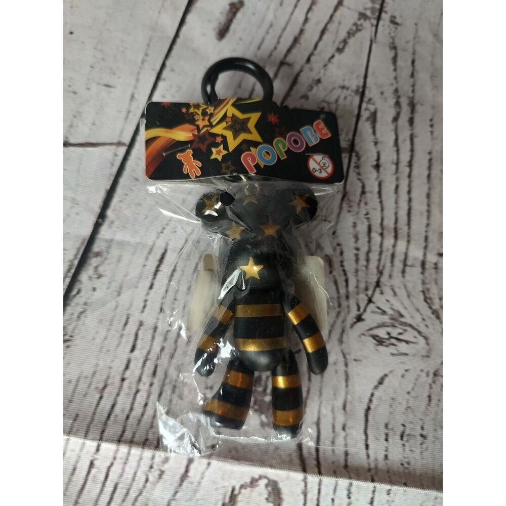 popobe teddy keychain backpack clip black gold with stars and stripes new